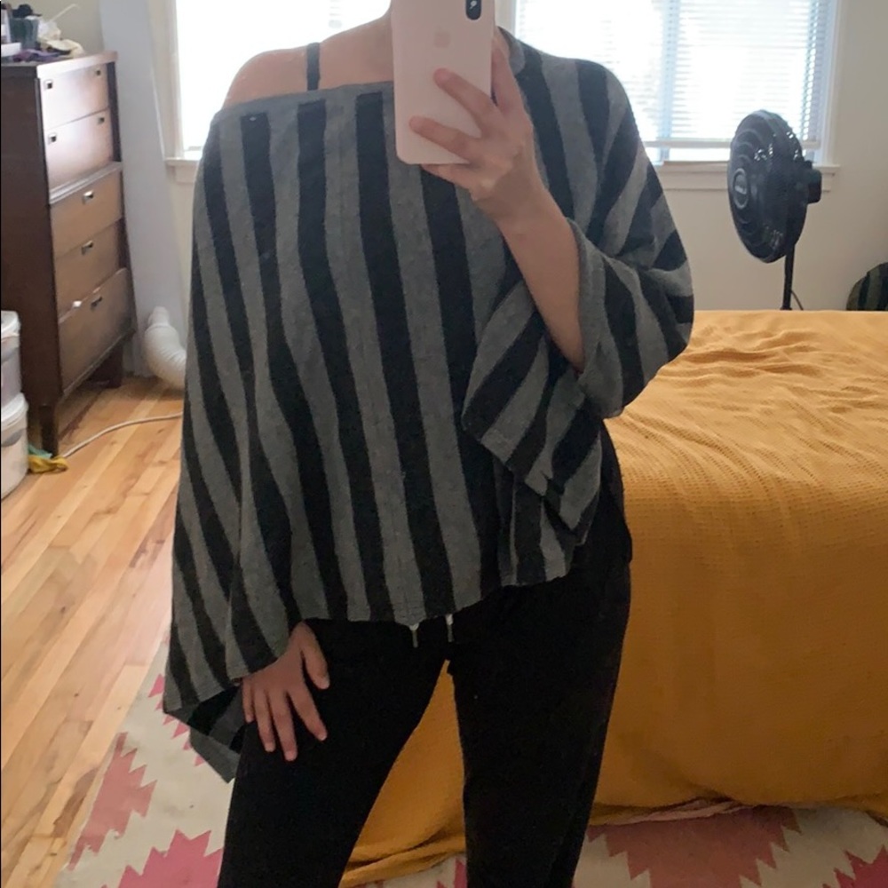 Black & Gray Striped Cashmere Poncho